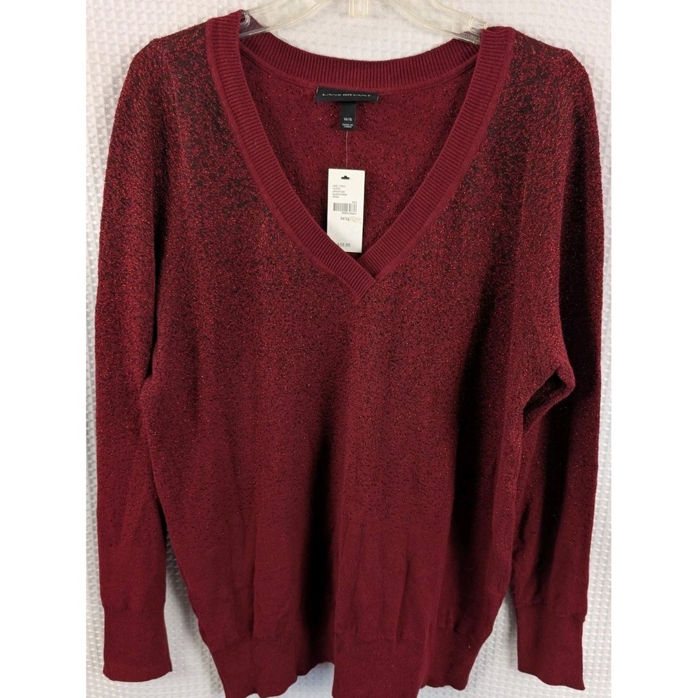 Lane Bryant Dark Red Sparkle V-Neck Knit Sweater NWT Size 14/16